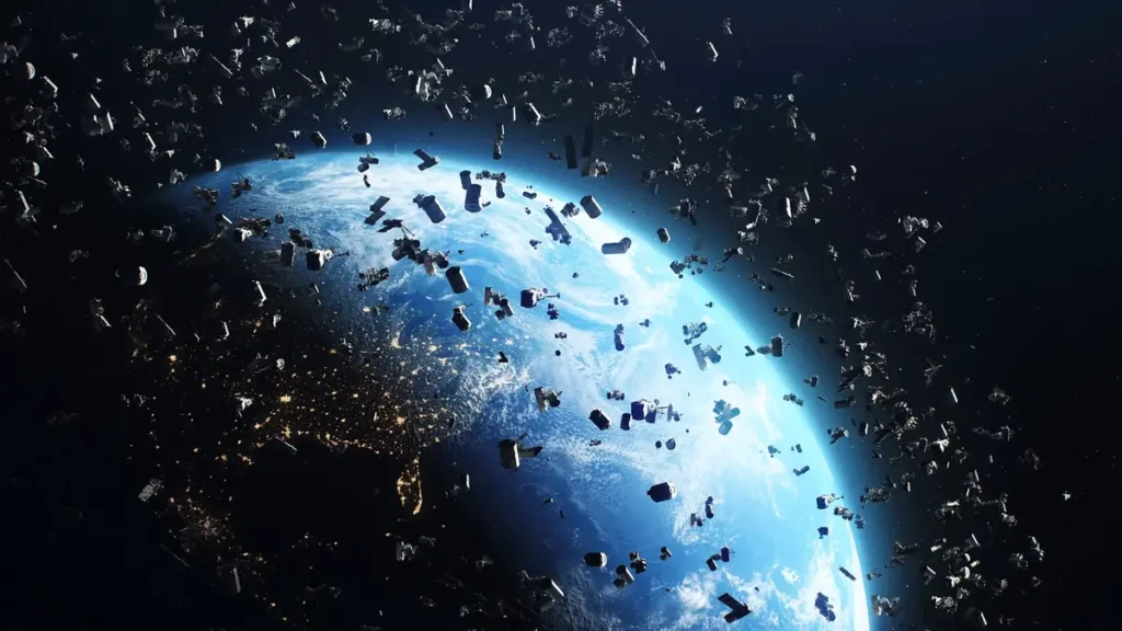 The image shows a view of Earth from space, with a large amount of space debris orbiting the planet. The debris consists of various pieces of defunct satellites, spent rocket stages, and other fragments. The illuminated part of Earth shows city lights, indicating it is nighttime in that region. The image highlights the issue of space pollution and the growing problem of space debris, which poses a risk to active satellites and space missions."