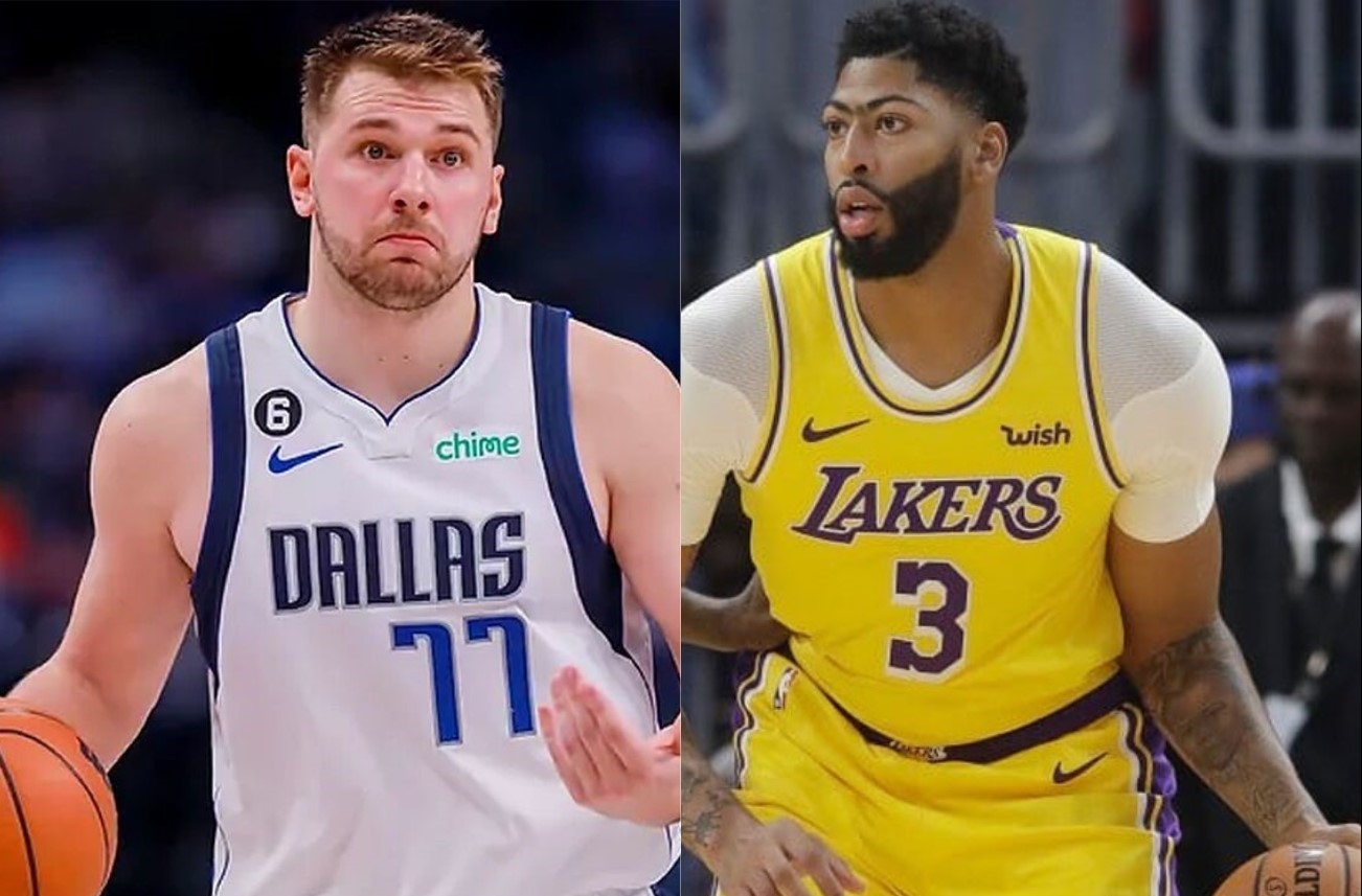 Luka Dončić and Anthony Davis in their respective team jerseys, symbolizing their trade between the Los Angeles Lakers and Dallas Mavericks