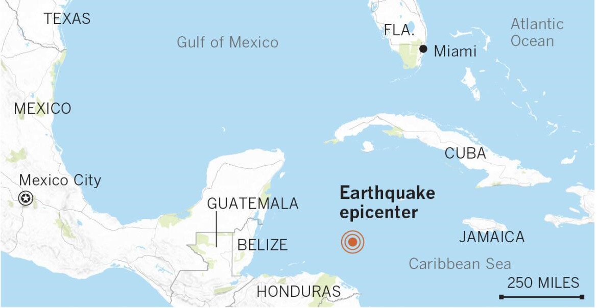 A map of the Caribbean Sea region showing the epicenter of the 7.6-magnitude earthquake and the affected countries with tsunami warnings