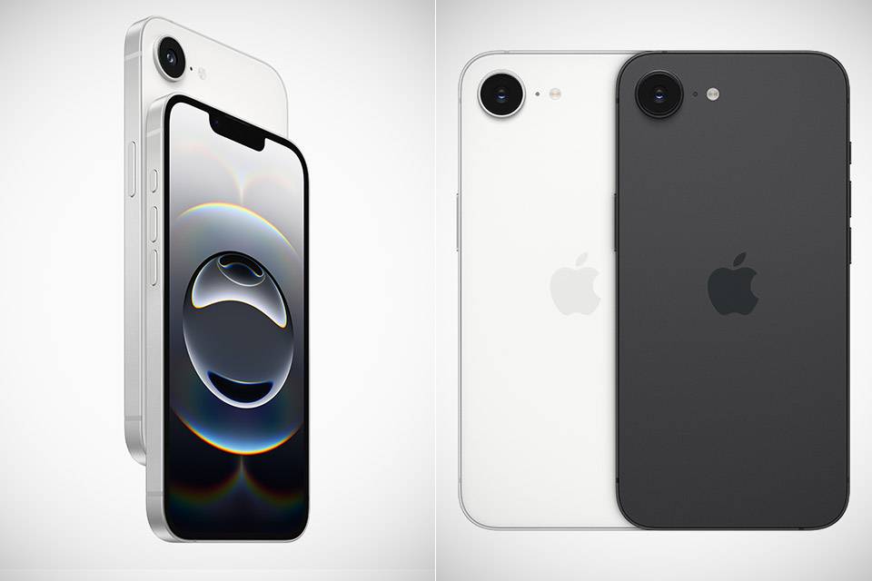 The newly unveiled iPhone 16e, available in sleek black and white finishes, showcasing its large OLED display and advanced camera setup.