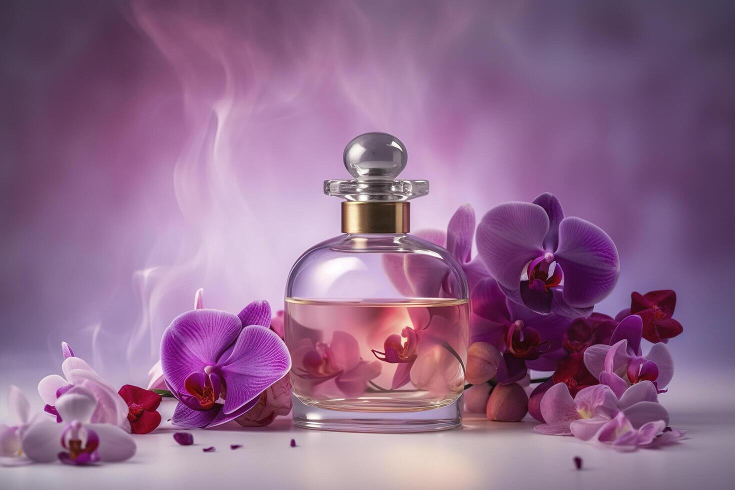 A glass perfume bottle with a round stopper surrounded by vibrant purple and pink orchids, set against a misty, ethereal purple backdrop.