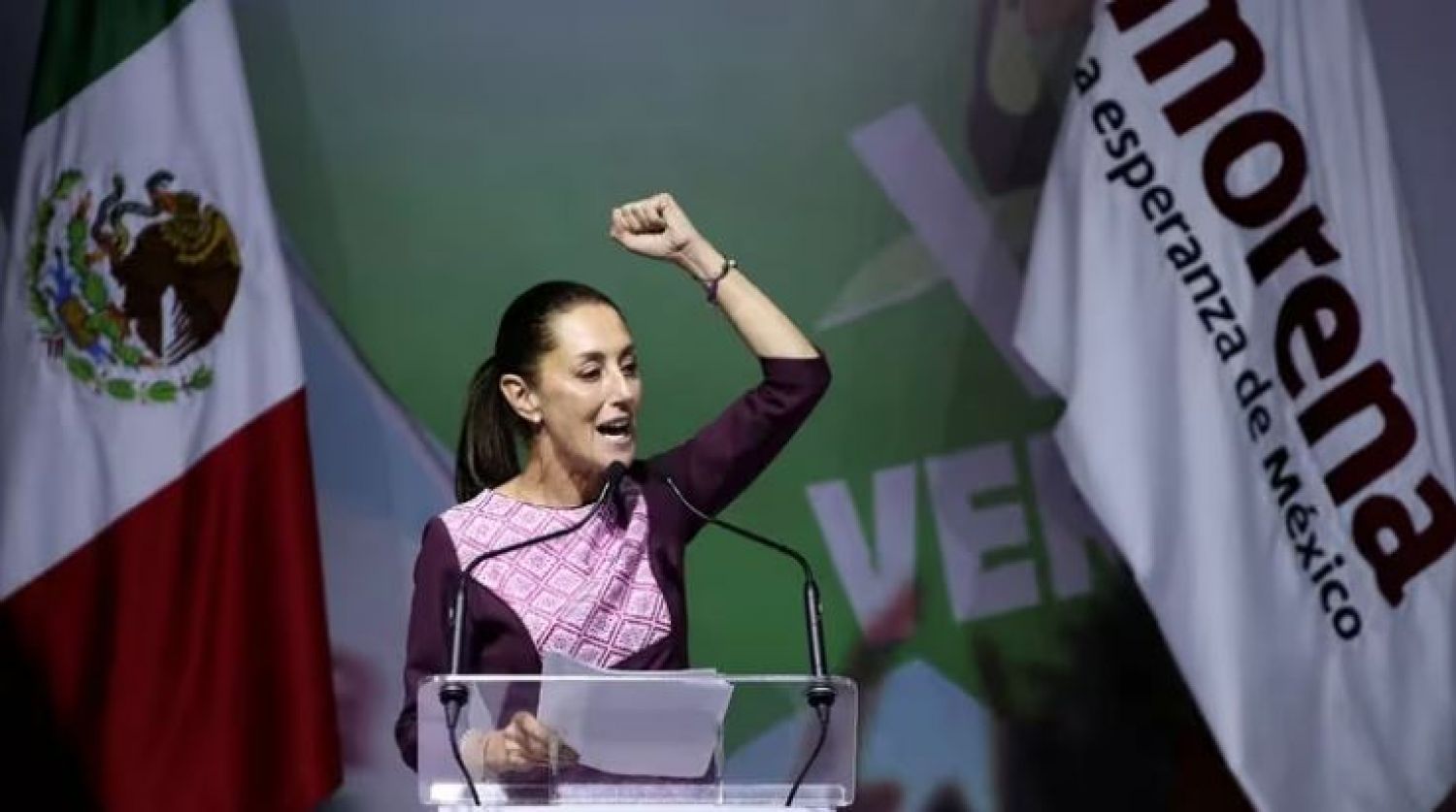 Claudia Sheinbaum, the first female President of Mexico, delivering a speech at a public event